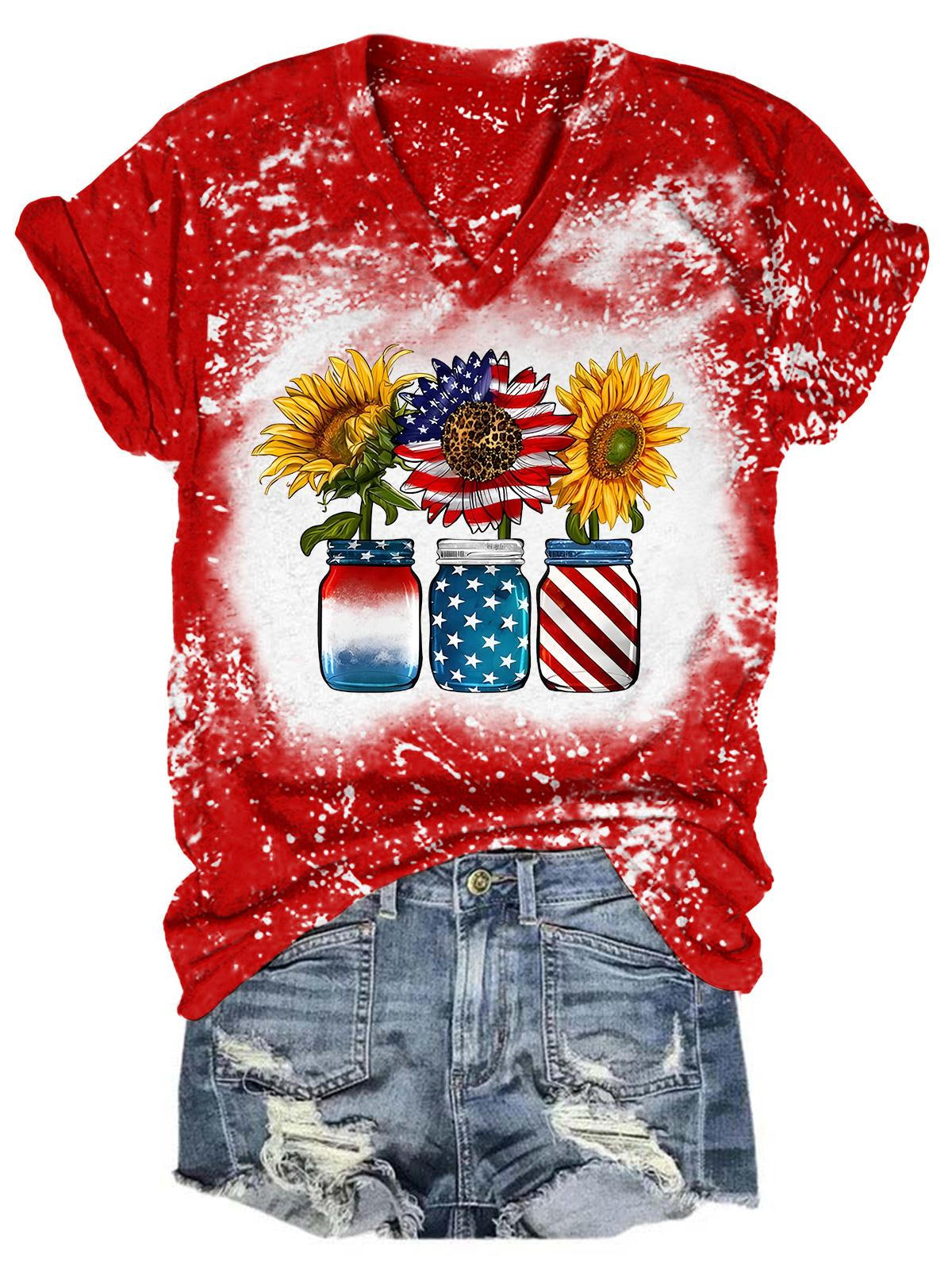 American Flag Sunflower In Jars Tie Dye V Neck T-Shirt