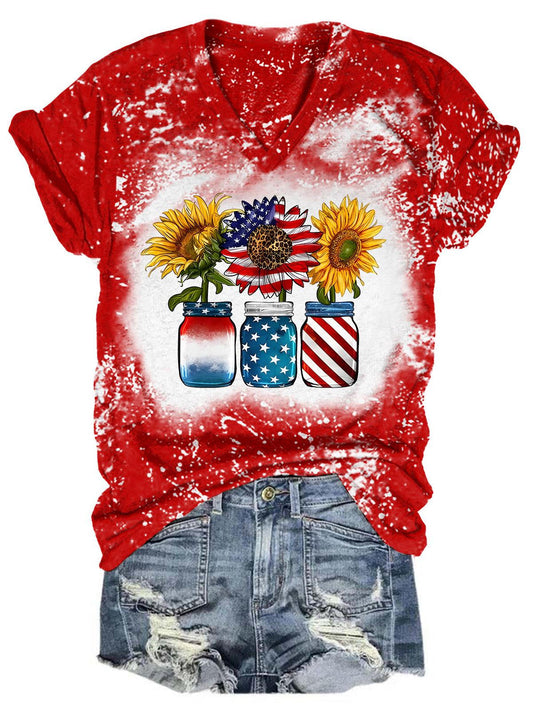 American Flag Sunflower In Jars Tie Dye V Neck T-Shirt