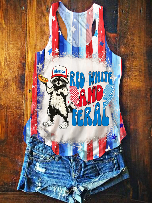 Red White And Feral Funny Raccoon Printed Casual Tank Top