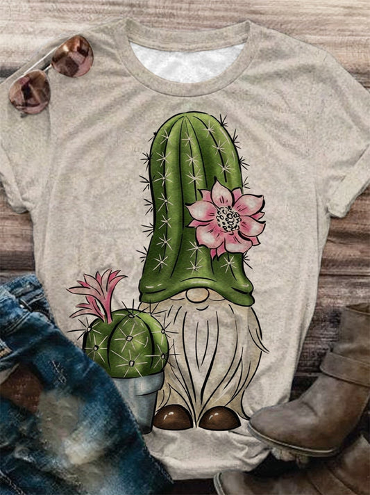 Cactus Gnome Print Crew Neck T-Shirt