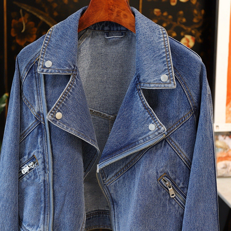 Denim Women’s Jacket - Large Lapel Long-sleeve Zipper Locomotive Style Denim Coat Jacket