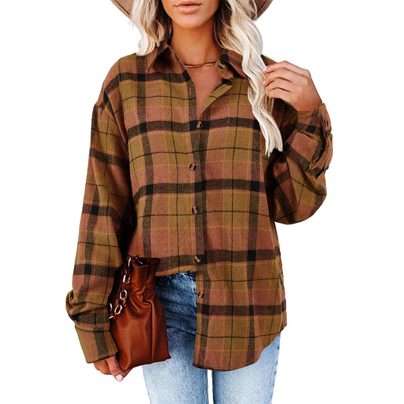 Women’s Long sleeve shirt - New Casual Loose Boyfriend Plaid Shirt