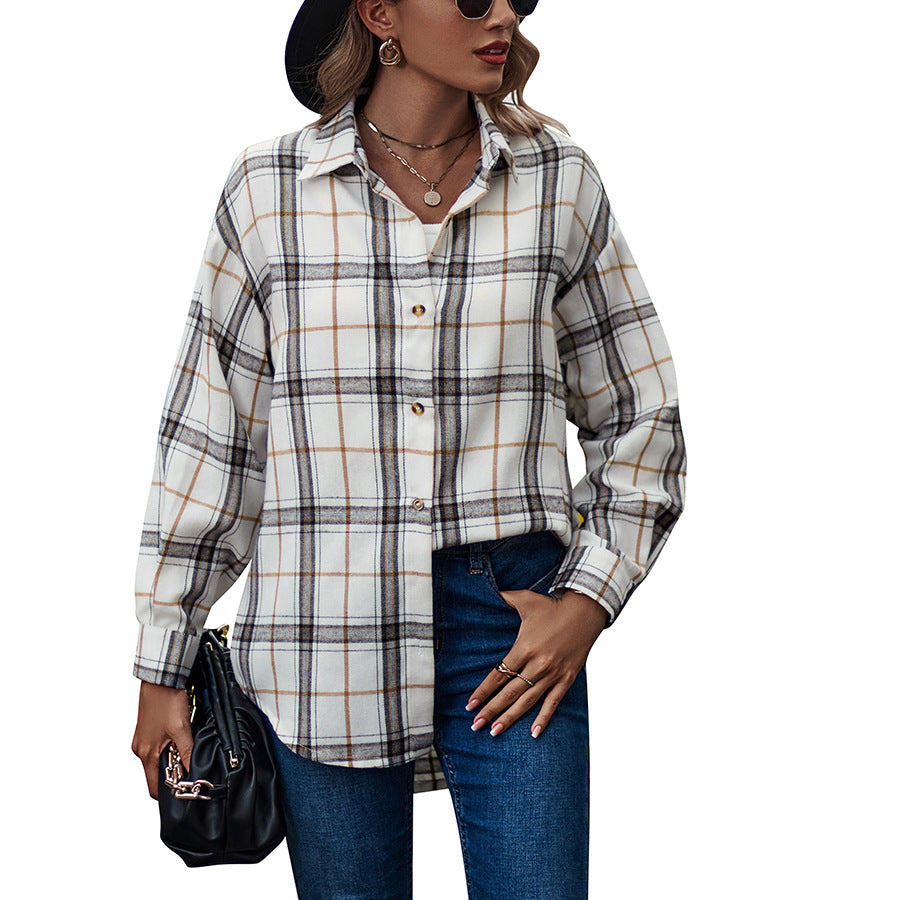 Women’s Long sleeve shirt - New Casual Loose Boyfriend Plaid Shirt