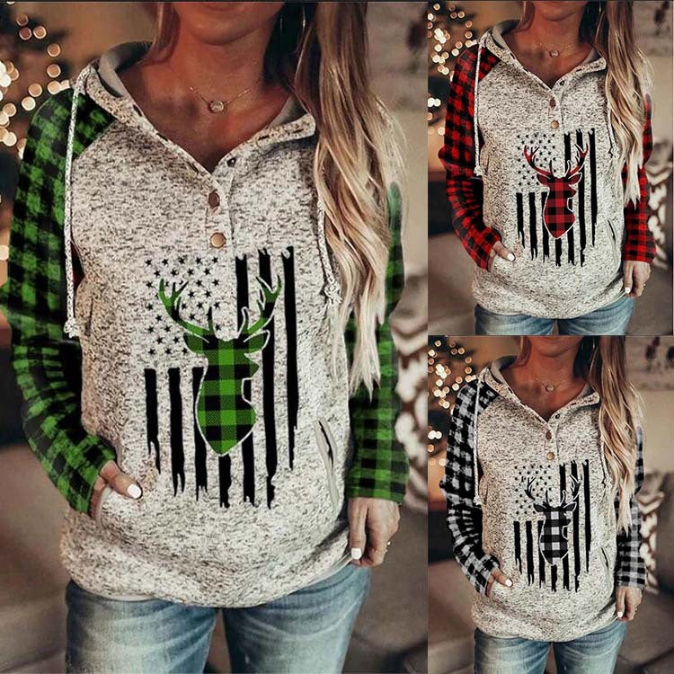 Cute and cozy Long sleeve pullover - Hooded Loose Fleece Sweater Plaid Printed pullover