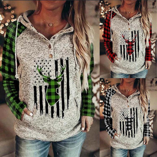 Cute and cozy Long sleeve pullover - Hooded Loose Fleece Sweater Plaid Printed pullover