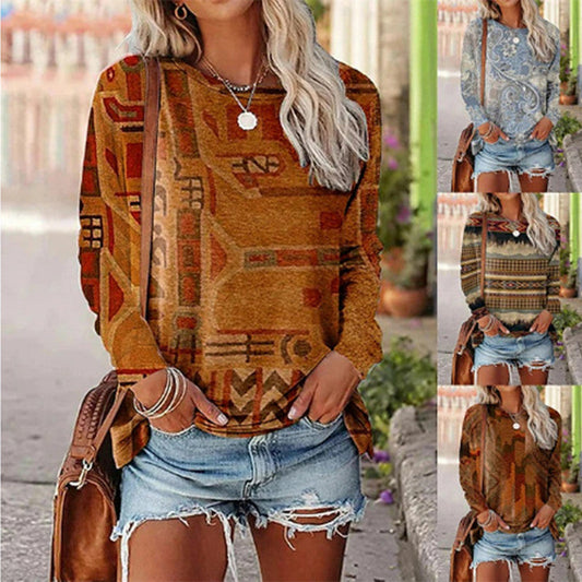 Women’s Long sleeve Tshirt - Women's Printed Long-sleeved Pullover Round Neck Top