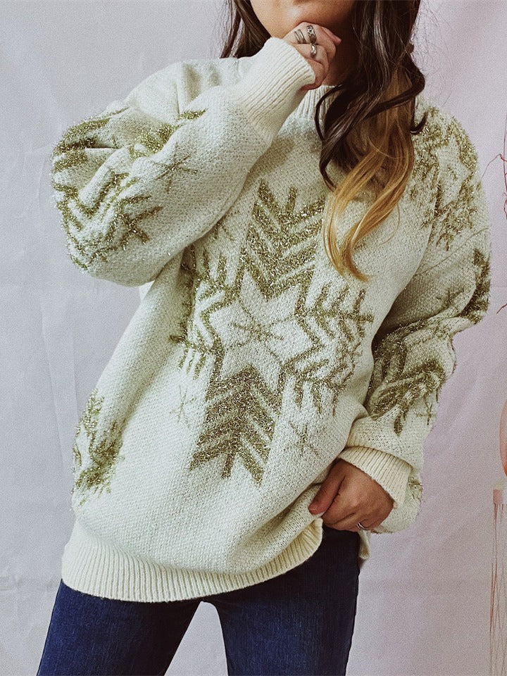 Christmas Sweater - Women's Fashion Loose Gold Line Large Snowflake Christmas Sweater