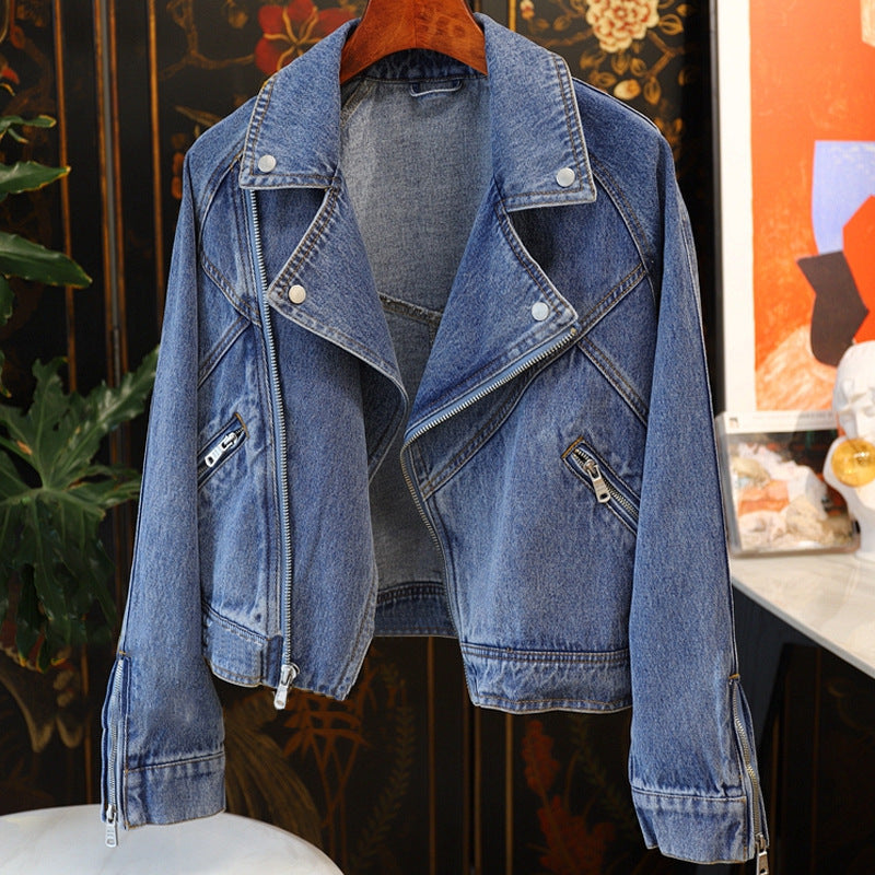 Denim Women’s Jacket - Large Lapel Long-sleeve Zipper Locomotive Style Denim Coat Jacket