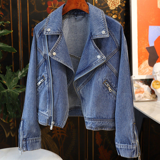 Denim Women’s Jacket - Large Lapel Long-sleeve Zipper Locomotive Style Denim Coat Jacket