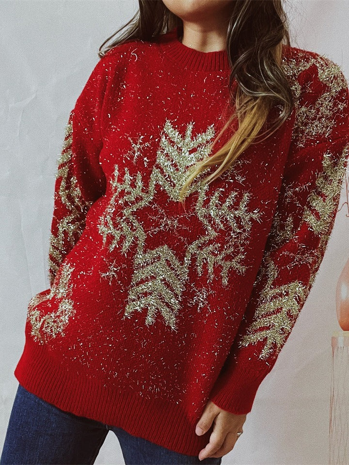 Christmas Sweater - Women's Fashion Loose Gold Line Large Snowflake Christmas Sweater