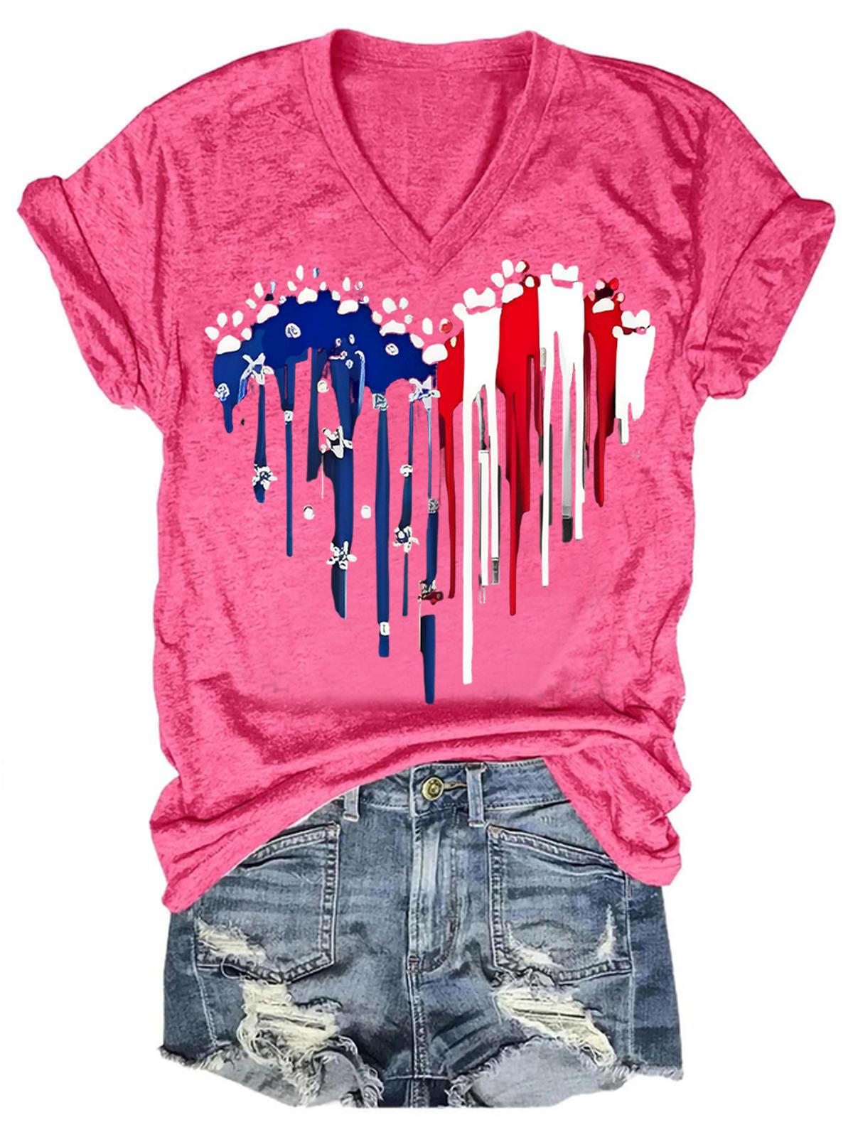 Heart Dog Paw Flag Print V-Neck T-Shirt