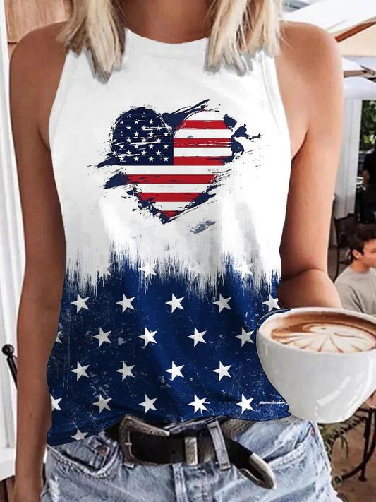 Retro Independence Day Flag Heart Print Casual Sleeveless Top