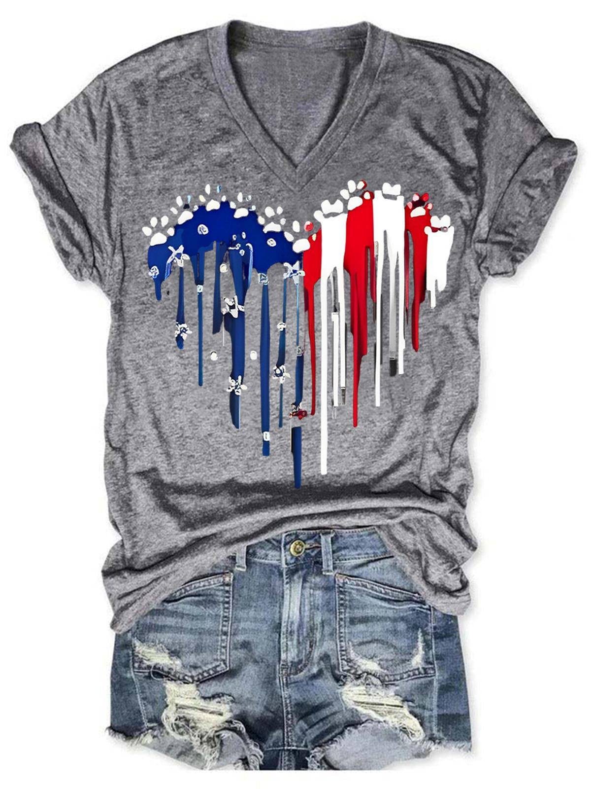 Heart Dog Paw Flag Print V-Neck T-Shirt